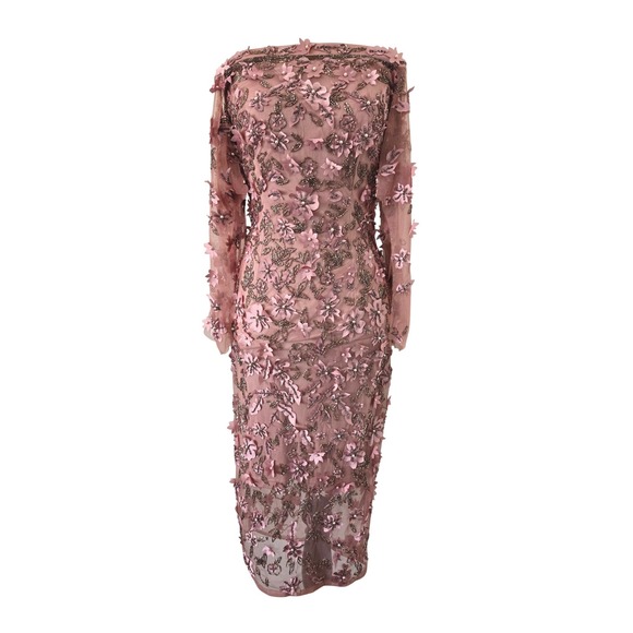 THEIA Pink Floral Beaded Sheer Mesh Sheer Sleeve Cocktail Dress Size 0 THEIA Pink Floral Beaded Sheer Mesh Sheer Sleeve Cocktail Dress Size 0